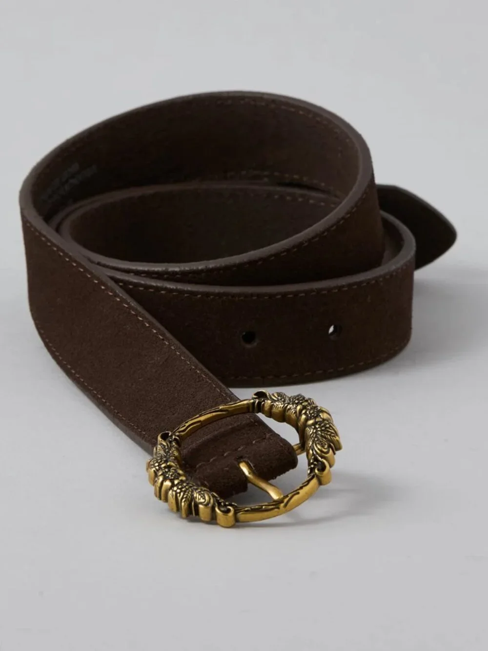 AE Brown Suede Leather Belt with Gold Floral Buckle/NWT/MEDIUM
